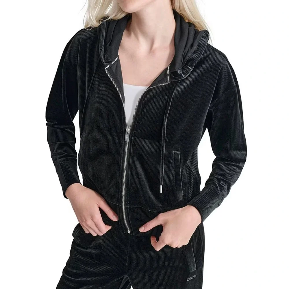 DKNY Sport Black Velvet Hoodie M EUC - Picture 1 of 8
